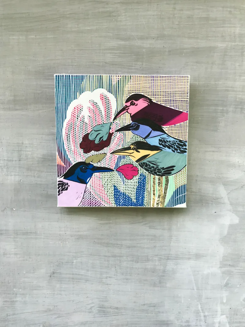 Ptáci se žvýkačkou - akryl - 30x30 cm
